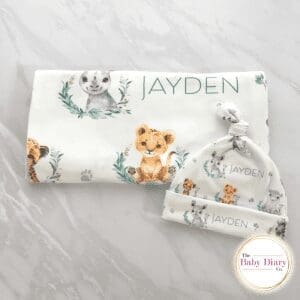 Safari Swaddle and Hat With Name Set