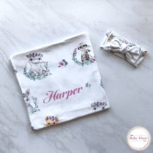 Floral Safari Swaddle and Headband With Name Set
