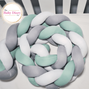 Ready Made Braided Cot Bumper-Sage Green, Grey and White 3M