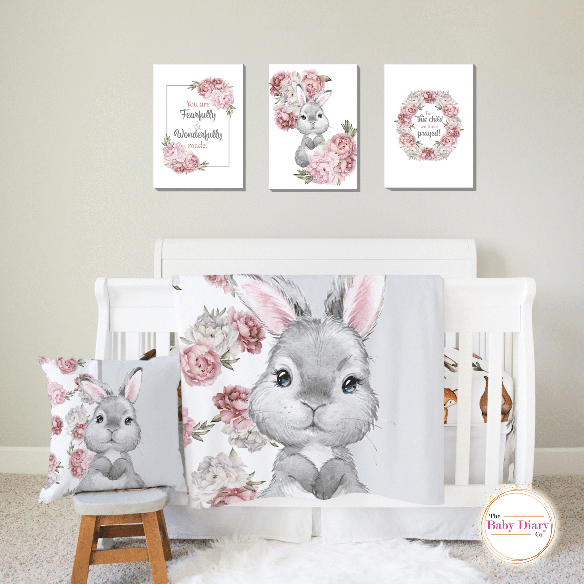 Ready Made White Peony Bunny 3 x A3 Wall Canvases