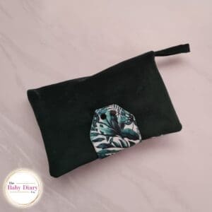 Ready Made- Green Velvet  Outside and Leaves Print Inside Luxury Nappy Clutch